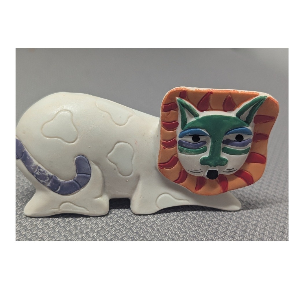 VTG 1990s Laurel Burch Colorful Ceramic Lion Cat Sphinx Figurine Hand Painted